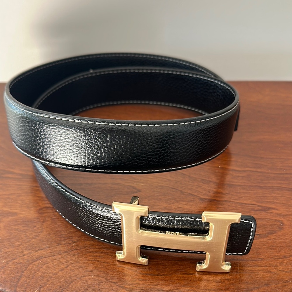 Black Leather Belt with Gold Buckle - NWOT